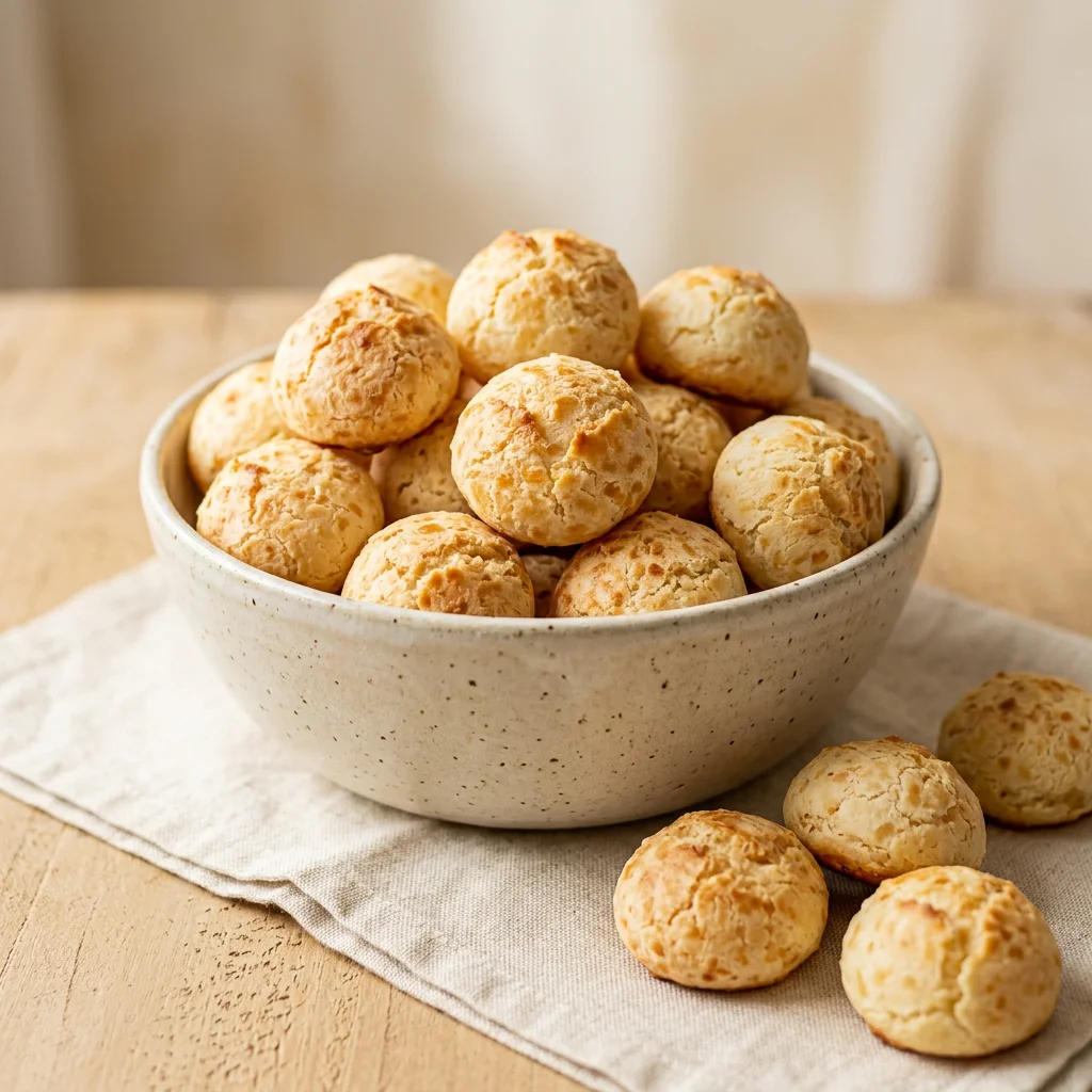 Pães de queijo dourados em uma tigela de cerâmica, sobre uma mesa com tecido de linho. Imagem ilustrativa.
